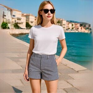 Sandro Navy & White Seersucker Stripe Cotton Shorts Sz 6💚